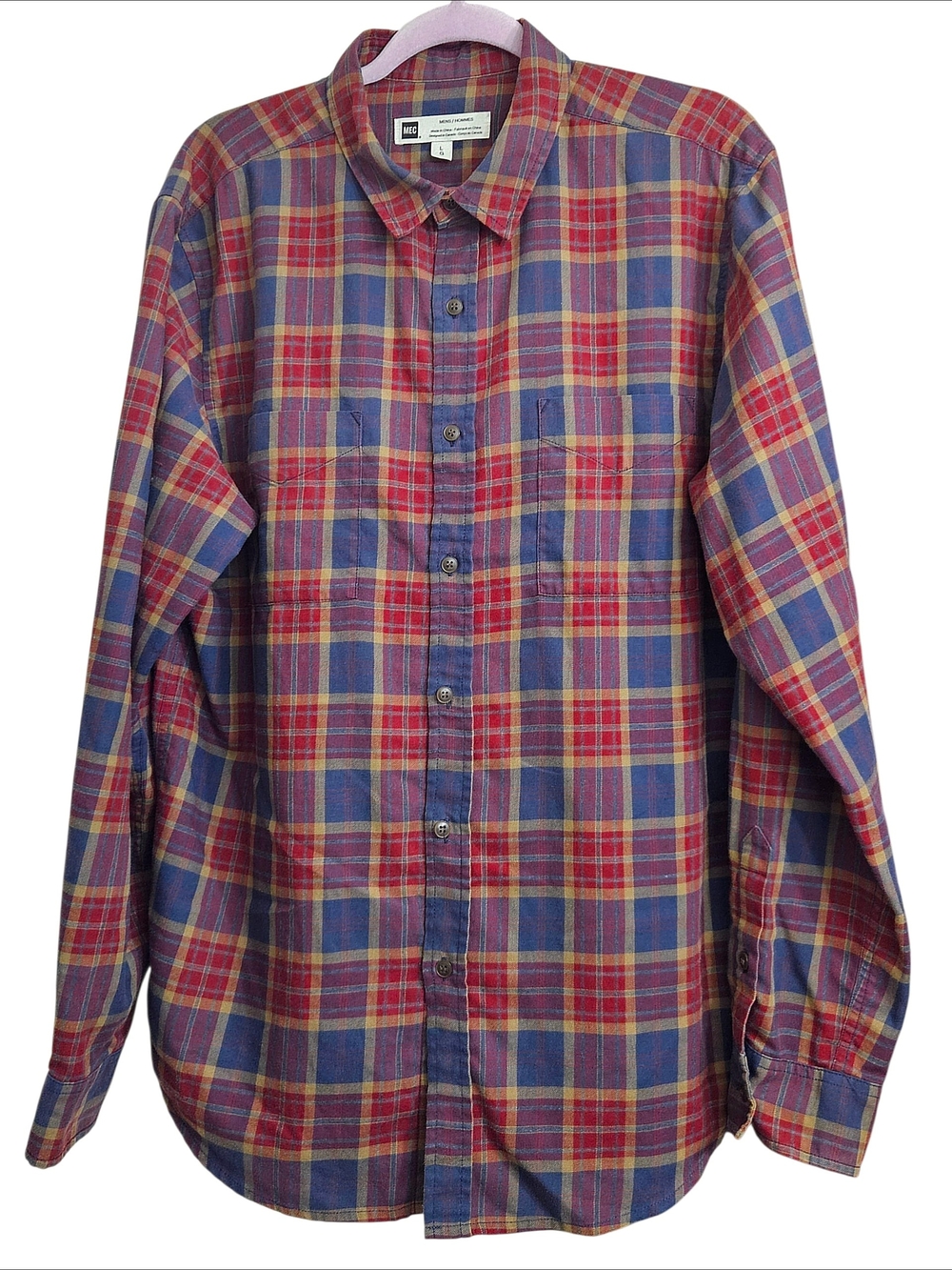MEC Red Blue & Tan Plaid Men's Button-Down Shirt Fall Outdoor Hiking Lumberjack